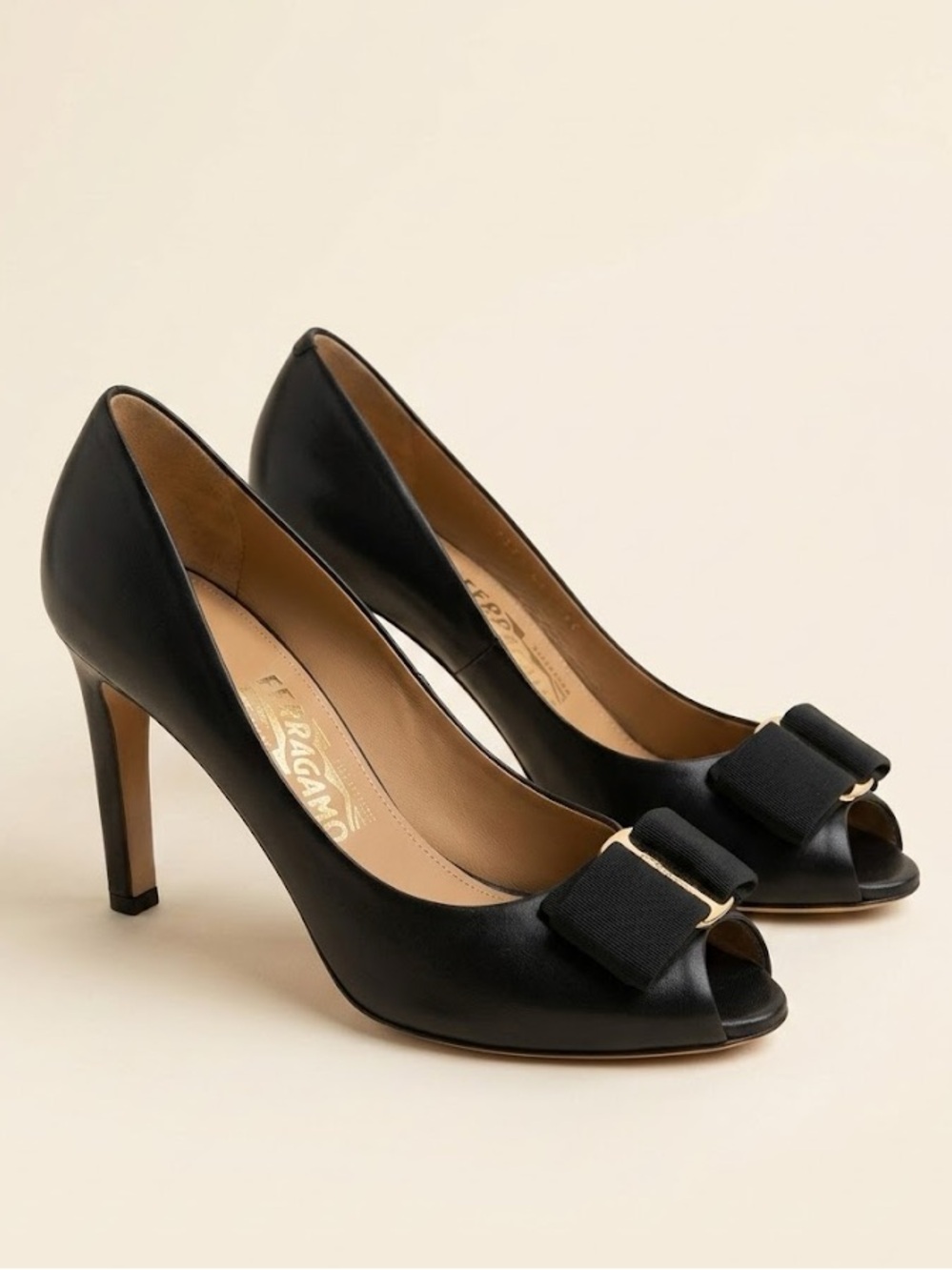 SALVATORE FERRAGAMO Black Leather Vara Bow Peep Toe Heels